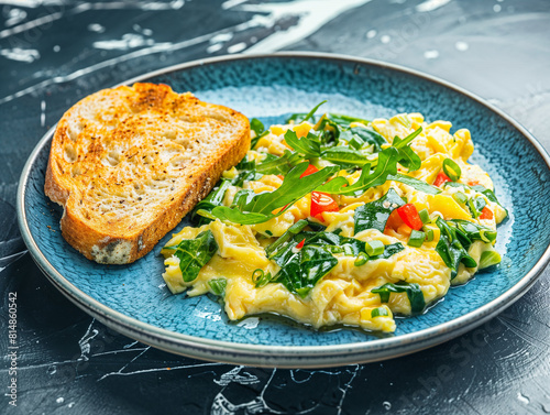 Omelette with bread in modern ceramic plate on slate table background photo