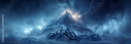 Powerful Photo Realistic Image of Lightning Striking Mountain Peak Capturing Nature s Raw Beauty and Force   Stunning Photo Stock Concept photo