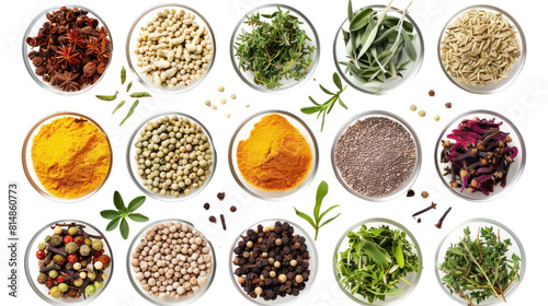Different spices and herbs isolated on transparent and white background.PNG image.