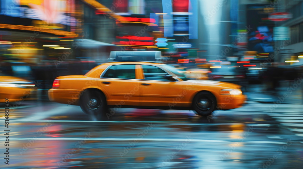 High-resolution side view of car wheels moving fast on NYC streets, blurred motion of traffic