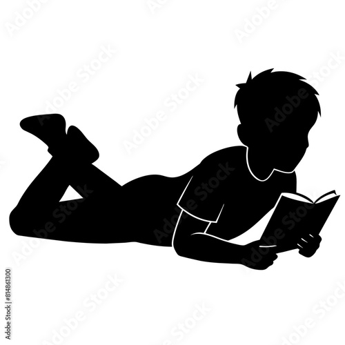 a boy reading book lay down on the ground vector silhouette, white background