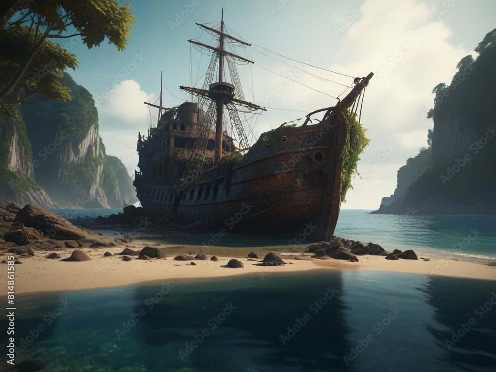 A wrecked ship lies abandoned on the shores of a deep island with no one around A wrecked ship lies abandoned on the shores of a deep island with no one around