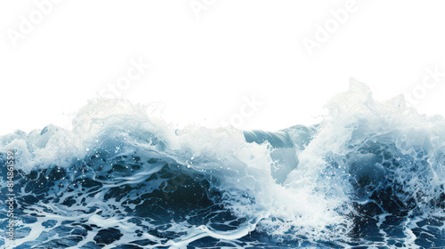 Fototapeta Naklejka Na Ścianę i Meble -  Blue sea wave with white foam isolated on transparent and white background.PNG image.