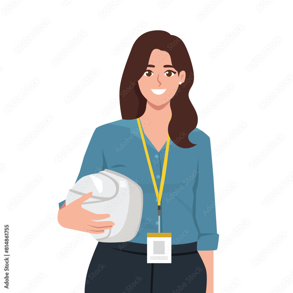 Young construction engineer woman holds safety helmet. Flat vector illustration isolated on white background Young construction engineer woman holds safety helmet. Flat vector illustration isolated on white background