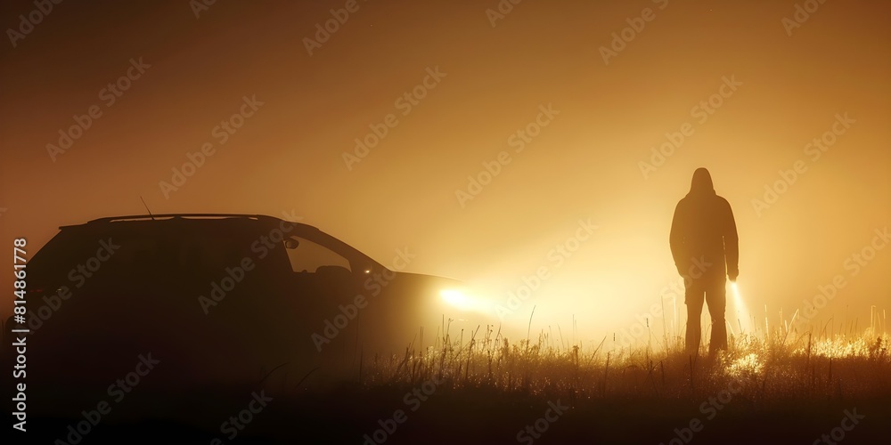 Silhouetted figure beside car in foggy night holding flashlight in open field. Concept Night Photography, Silhouette Portrait, Car in Fog, Flashlight, Open Field