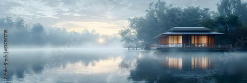 Misty Morning at Lakeside Pavilion: A Magical Setting for Reflections and Gatherings