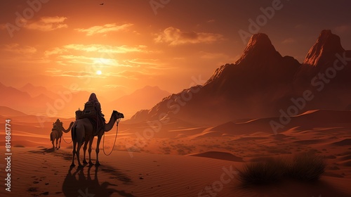 A lone camel caravan travels through the vast and unforgiving desert