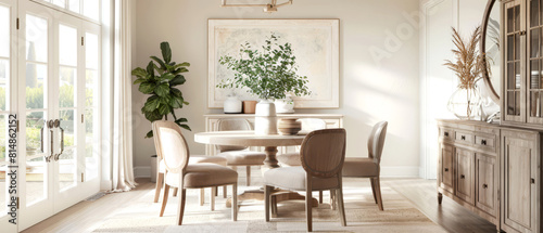 Minimalist dining area with a beige table  vintage-inspired chairs  and a blend of modern and rustic decor elements 
