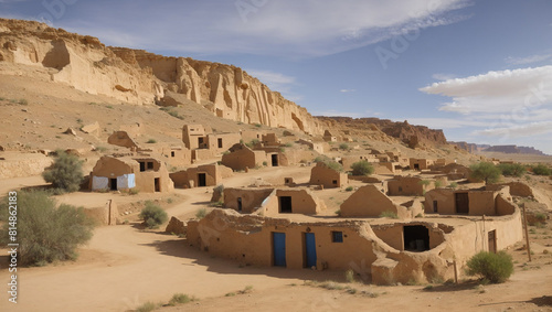 The image shows a group of small  rundown houses made of mud and stone in the middle of a vast desert.  