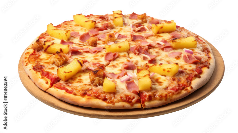 Delicious pizza with pepperoni, ham, and cheese on a white background Delicious pizza with pepperoni, ham, and cheese on a white background