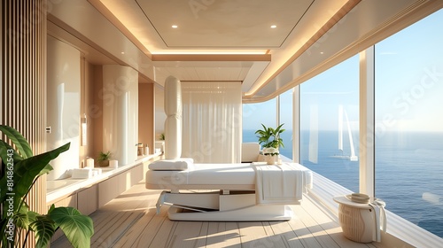 A botel spa room with a white, serene decor, a massage table, and floor-to-ceiling windows showing a tranquil sea view photo