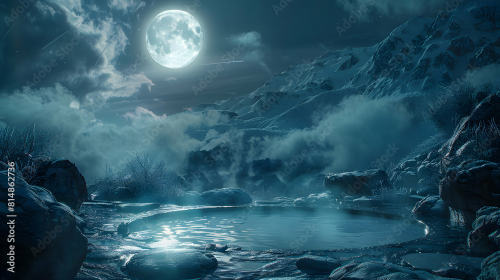 Mystical Moonlit Hot Springs: Serene Soaking Experience Enhanced by Nightfall