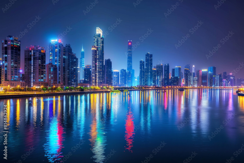 Fototapeta premium A glistening city skyline illuminated against the night sky, with dazzling lights reflecting in the calm waters of an urban river.