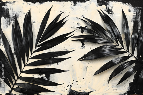 Artistic composition featuring abstract black palm leaves on a textured beige background, creating a striking monochrome contrast