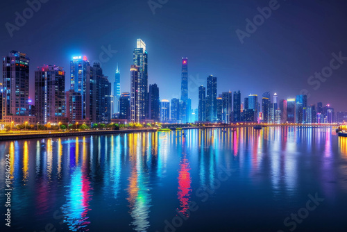 A glistening city skyline illuminated against the night sky, with dazzling lights reflecting in the calm waters of an urban river.
