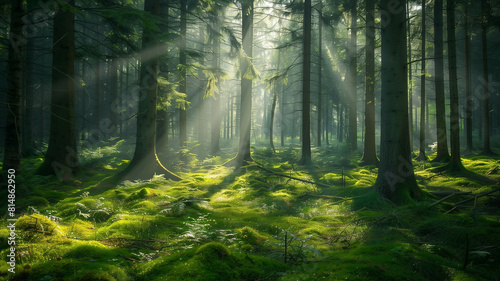 A magical forest scene with sunlight filtering through the trees  casting dappled shadows on a mossy forest floor  real photo  stock photography