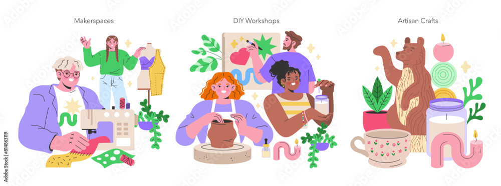 Maker Culture concept A vibrant showcase of makerspaces, DIY workshops, and artisan crafts, highlighting hands-on creativity and personal craftsmanship Vector illustration Maker Culture concept A vibrant showcase of makerspaces, DIY workshops, and artisan crafts, highlighting hands-on creativity and personal craftsmanship Vector illustration
