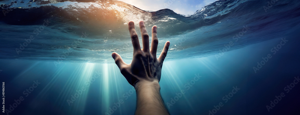 Hand Reaching Out Underwater. Panorama with copy space.