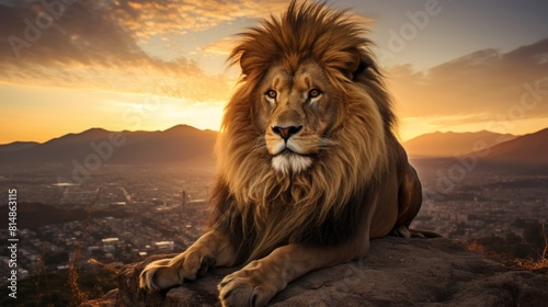 Majestic lion silhouette against a stunning vibrant sunset creating a captivating natural scene