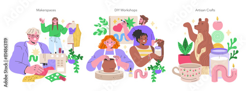 Maker Culture concept A vibrant showcase of makerspaces, DIY workshops, and artisan crafts, highlighting hands-on creativity and personal craftsmanship Vector illustration