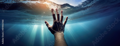 Obraz na płótnie Hand Reaching Out Underwater. Panorama with copy space. w salonie