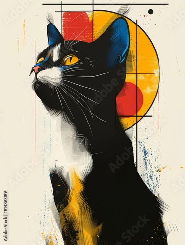 Striking abstract illustration of a black cat with bold splashes of colors and modern geometric shapes