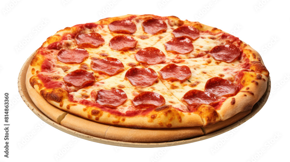a delicious pizza with melted mozzarella cheese awaits its hungry audience isolated on transparent and white background.PNG image.