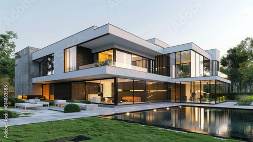 Modern house with a pool, a white and black color scheme, white walls, a flat roof style design, black accents on the windows and doors © Kien