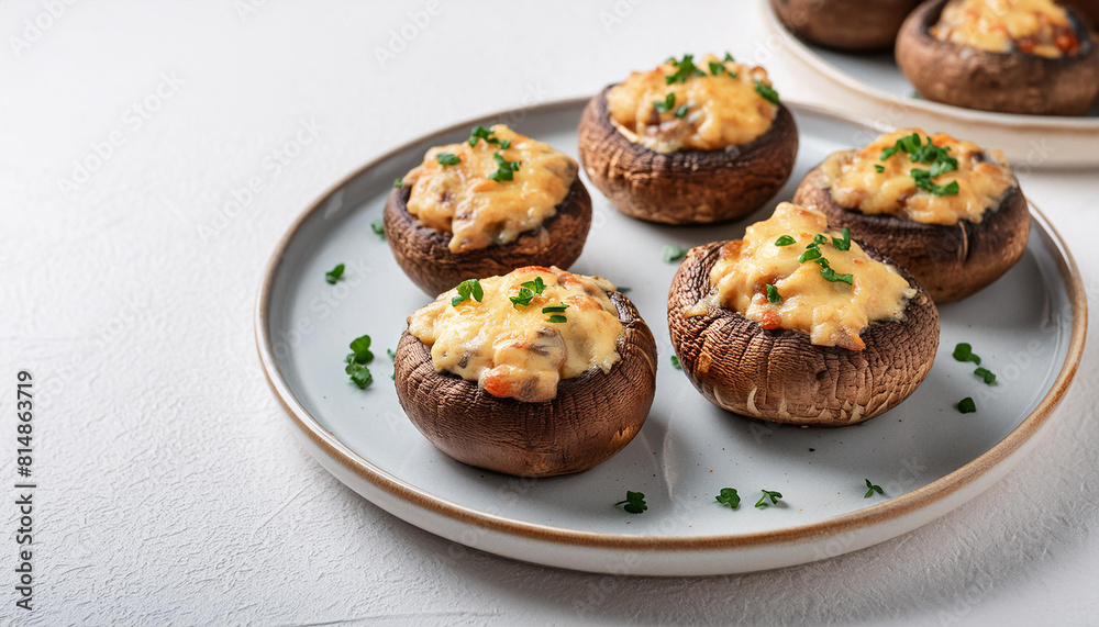 Baked stuffed mushrooms with cheese and herbs on white cooking table. Tasty food. Delicious snack