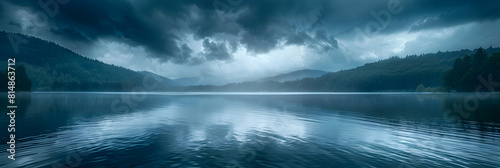 Dramatic and Moody Landscape: Ominous Thunderstorm Over Lake with Reflective Waters Ideal for Photo Realistic Shots
