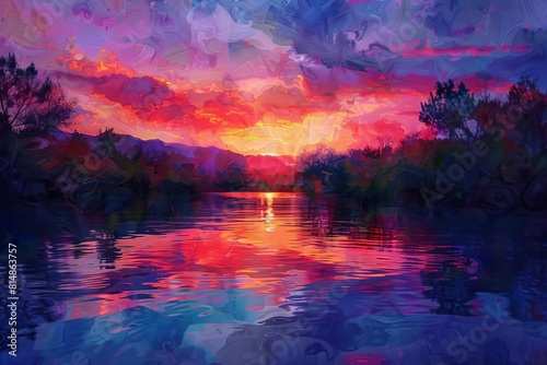 breathtaking sunset over a tranquil river with vibrant colors reflecting off the waters surface an aigenerated digital painting
