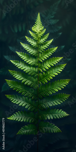 Close-up of a vibrant green fern leaf set against a dark textured background  showcasing nature s intricate details and contrast