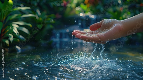 a hand delicately holding water from a river  set against a picturesque backdrop of a lush forest and tranquil pond  evoking a serene nature concept.