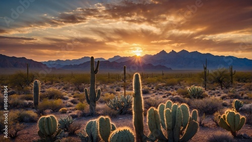 Awe-Inspiring Texas Desert  Sunset Painting the Sky Behind Majestic Mountains and Cacti