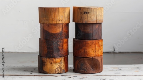A series of four wooden cylinders are stacked on top of each other photo