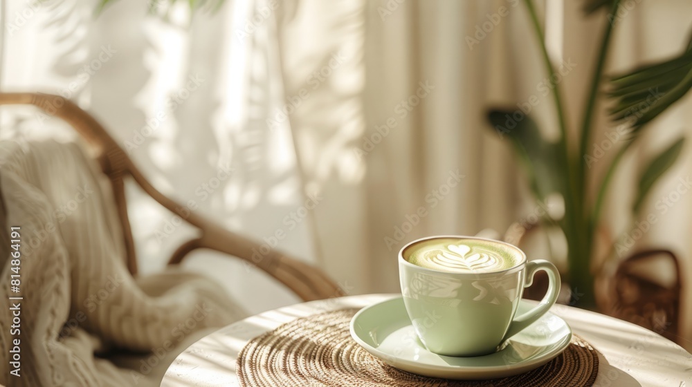 A matcha cappuccino on a work table in a boho-style office A matcha cappuccino on a work table in a boho-style office