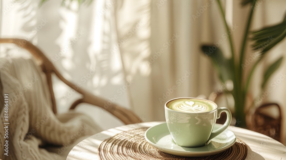 A matcha cappuccino on a work table in a boho-style office