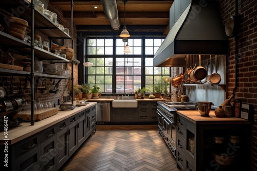 Industrial Kitchen with Rustic Design and Natural Light