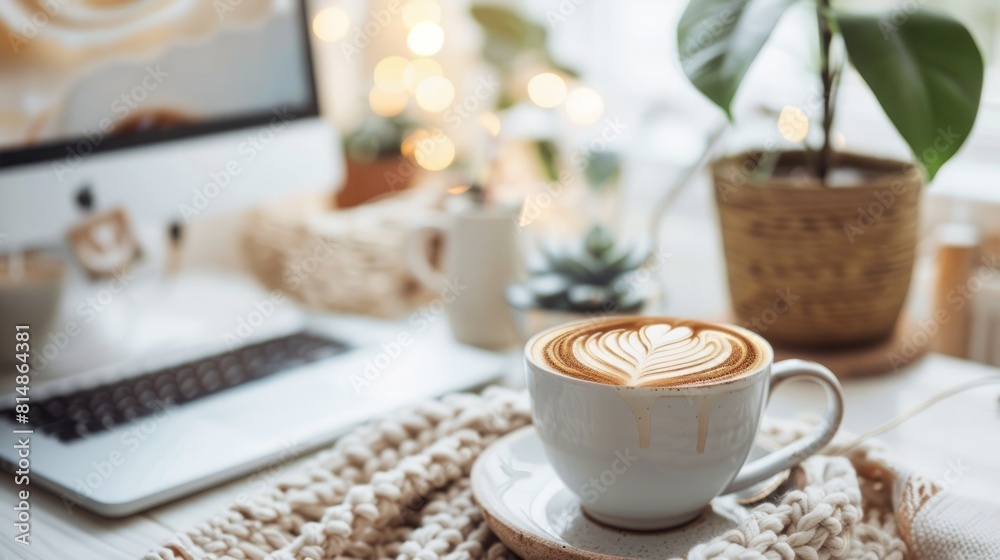 A cappuccino on a work table in a boho-style office A cappuccino on a work table in a boho-style office