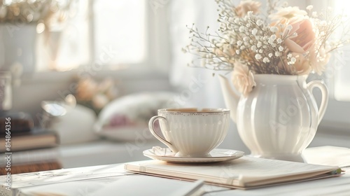 A cup of tea on a work table in a boho style office