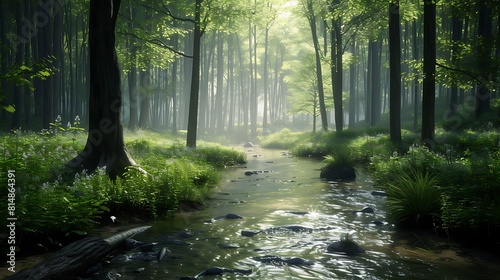A gentle stream meandering through a lush forest, the sunlight filtering through the trees