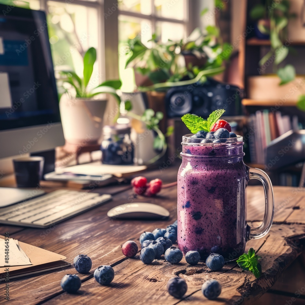 A fruit smoothie on a work table in a boho-style office