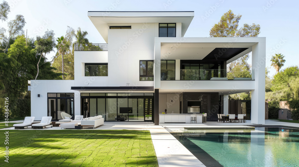 Modern house with a pool, a white and black color scheme, white walls, a flat roof style design, black accents on the windows and doors