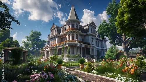 A historic Victorian mansion with ornate trim and a grand staircase, set amidst a lush garden with blooming flowers