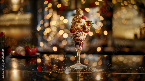 a decadent ice cream sundae presented in an elegant glass. photo