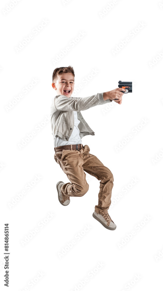 The boy grabbed his blaster and jumped with a smile. The boy grabbed his blaster and jumped with a smile.