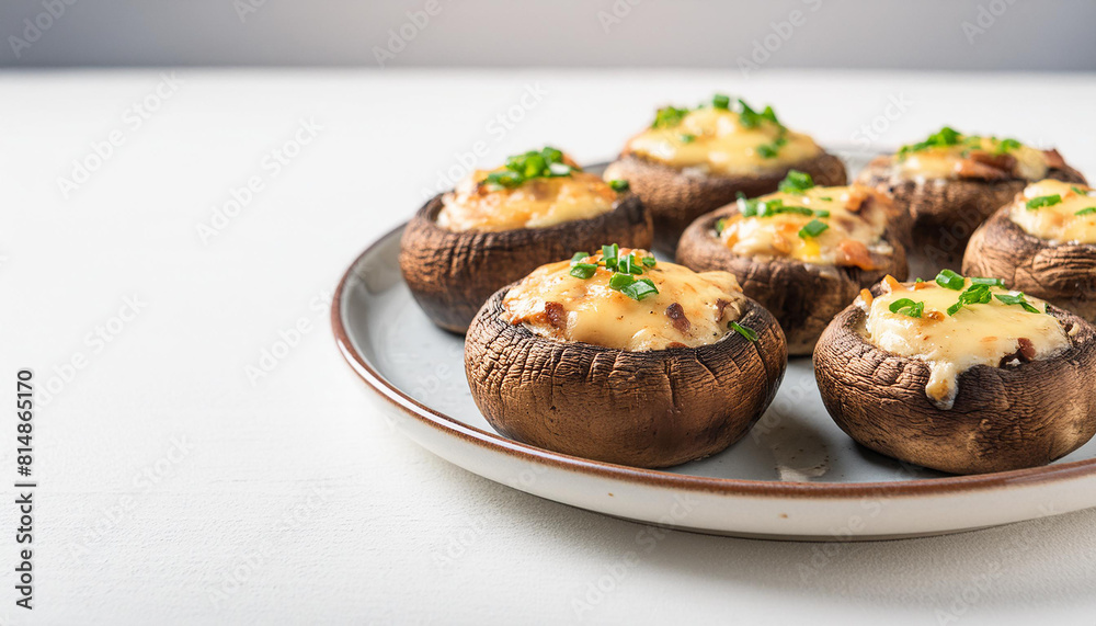 Baked stuffed mushrooms with cheese and herbs on white cooking table. Tasty food. Delicious snack Baked stuffed mushrooms with cheese and herbs on white cooking table. Tasty food. Delicious snack