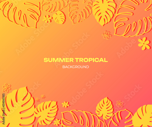 Hot summer banner, Colorful gradient background with tropical plant leaves. Vector illustration