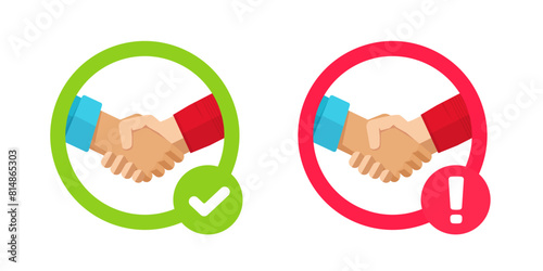 Partnership deal handshake trust icon vector graphic illustration set, no forbidden handshake sign red green, approved hand shake success confirmation, prohibited risk offer image clip art
