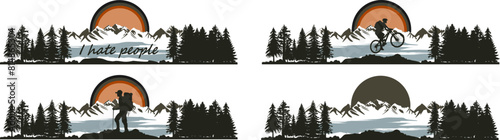 Vektor Set Silhouette Berge Wanderer in der Natur - Abenteuer Wandern und Biken in den Wäldern und Gebirgen - Wildnis Outdoor Action - I hate people